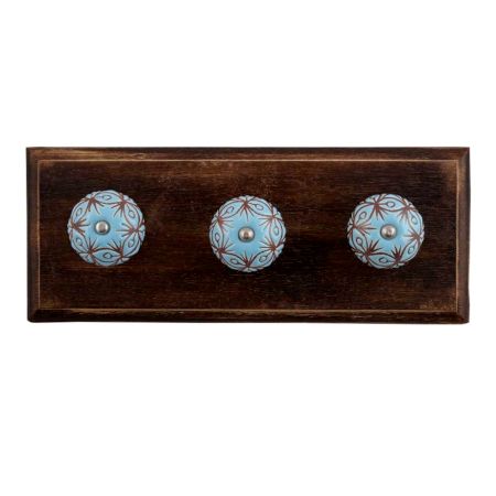 Turquoise Etched Ceramic Floral Wooden Hooks